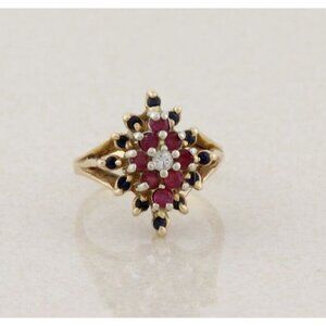 14k Yellow Gold Natural Diamond, Ruby, Blue Sapphire Ring Size 5 1/2